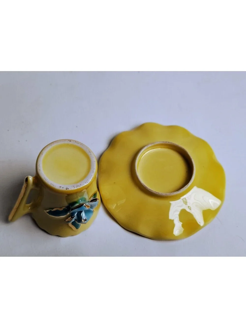 Vintage Porcelain Demitasse Cup Saucer Set Yellow Blue 3D Rose Flower Gilt Trim